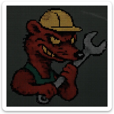 AN ANTHROPOMORPHIC WEASEL WITH A HARDHAT AND A LARGE SPANNER WRENCH - AIRPLANE FUSELAGE nose art 1940s era - he has a very VERY dark and mischevious look in his eye- grinning - digital scanner projection, virtual digital RETRO DOS ASCII ART [low resolution] sticker