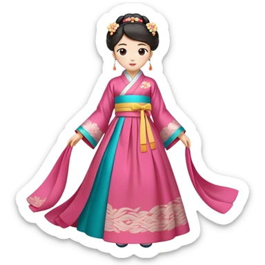 Cinematic Realistic Hanbok Emoji, depicted as a graceful intricately designed traditional Korean dress with vibrant colors and flowing lines, rendered with delicate textures and soft cultural lighting that captures its timeless elegance. sticker