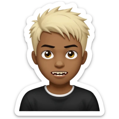 Black Male Teenager with Short punk messy blonde hair, Dark brown bushy eyebrows large expressive golden-brown eyes, wearing a plain white t-shirt, Dark Brown skin color. vampire tooth sticker