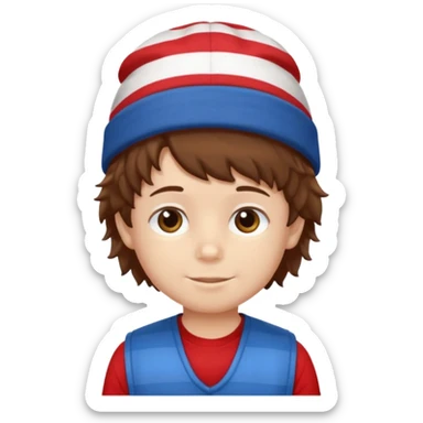 brown fluffy hair kid with blue and white hat dark blue jilet red t shirt sticker