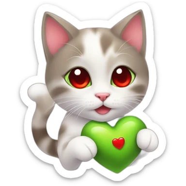 Super cute kitten with green anime eyes holding red hearts sticker