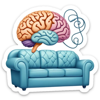 An icon featuring a brain, a couch, and a psychological test, symbolizing the study of psychology. The design includes abstract patterns representing the mind, with a calm, therapeutic setting in the background. Transparent background highlights the exploration of human behavior and mental health. sticker