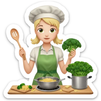 Girl cooking pasta for the first time with broccoli sticker