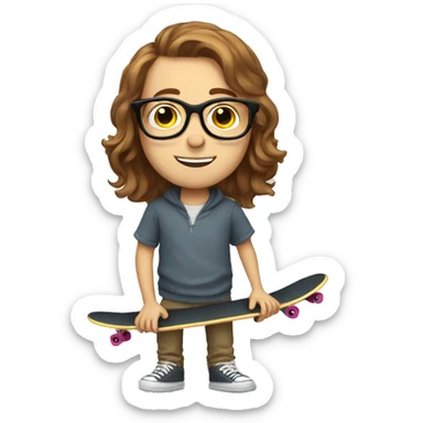 A brown-haired white boy  with glasses and a skateboard sticker