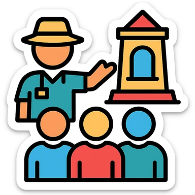 travel guide pointing at a monument, group of people listening, color outline icon sticker