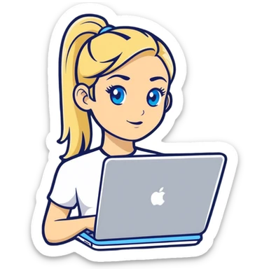 Hyper Realistic  
Blonde woman ponytail blue eyes with MacBook sticker