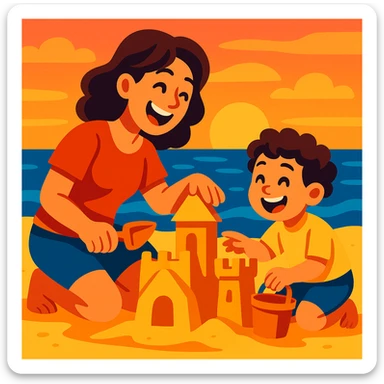 Cartoonish mother and son building a sandcastle together at sunset, playful and joyful sticker