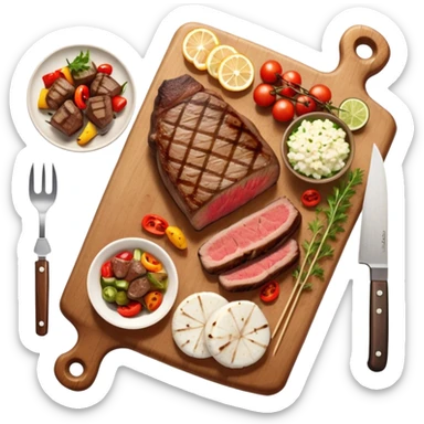 icon featuring a chef’s hat, a cutting board with fresh ingredients, a knife, a beautifully cooked ribeye steak, shashlik skewers, and a plate of food in the making. The design captures the passion of cooking with warm, inviting colors, and realistic textures. Transparent background. sticker