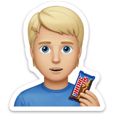 men with blond hairs eat a snickers sticker
