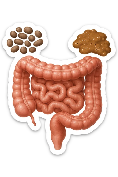 INTESTINO UMANO ANATOMICO REALISTICO CON FECI A PALLINE E FECI LIQUIDE CHE FLUTTUANO DIETRO BEN DISTINTE, IPERREALISTICO 4K sticker