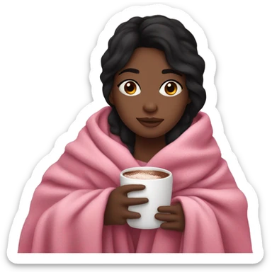 black haired girl snuggled up in a pink blanket drinking hot chocolate  sticker