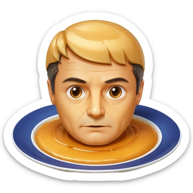 flan dessert bust and head of François Fillon, skin glossy creamy yellow flan texture and color, hair shiny translucent dripping caramel, entire face and head carved from flan, on a round white plate sticker