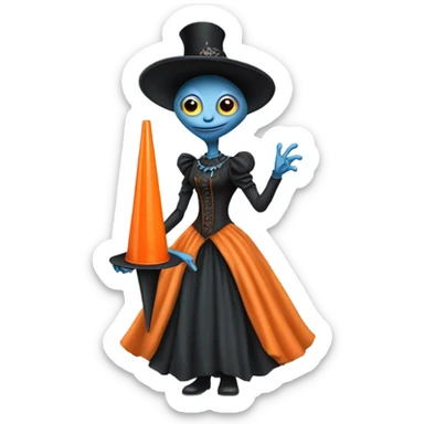 alien galora in Victorian dress elegant, full body, holding big traffic cone sticker