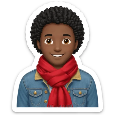 black skin man, curly black hair wear big red scraft, jean jacket sticker
