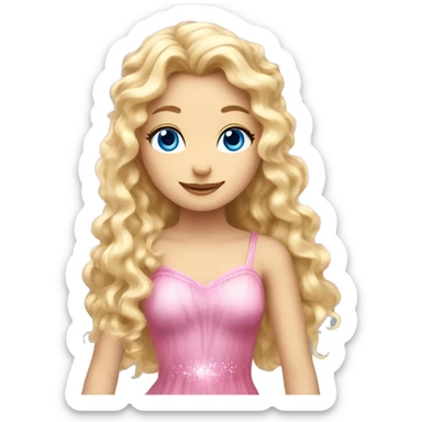 Create a blonde haired fairy with blue eyes and a pink dress with sparkly wings. The fairy has long, curly hair with a lot of volume sticker