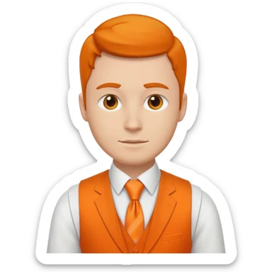 groom in white vest, orange tie sticker