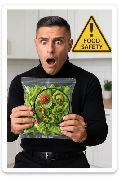 a man holds a bag of salad with both hands, his face frozen in shock as he looks at the contents. Inside the bag, exaggerated but realistic depictions of parasites and bacteria are visible, some highlighted with a magnifying glass overlay. The background is a clean kitchen, and a warning sign appears in the corner to reinforce the message about food safety. sticker