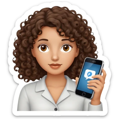 brunette girl with curly medium length hair, brown eyes, slightly tan skin, holding a phone sticker