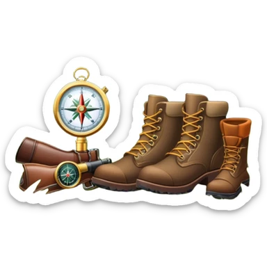 emoji for Hunting Tourism: a hunting rifle, hunting boots and a compass on a forest background, with a silhouette of wildlife in the distance. The icon should capture the adventure and connection with nature in hunting tourism. Transparent background. sticker
