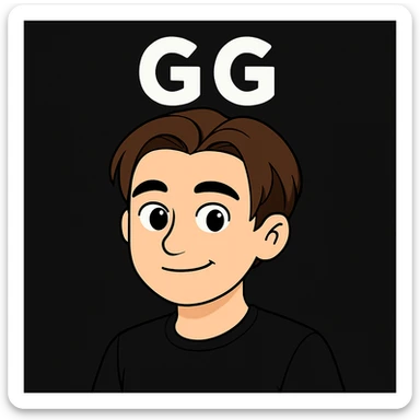 Edit the image of the boy to show him smiling with the text "GG" above his head, wearing a black shirt. Keep the face and style as in the original image. sticker