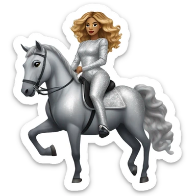 beyoncé in a silver outfit riding on a silver sparkly horse sticker