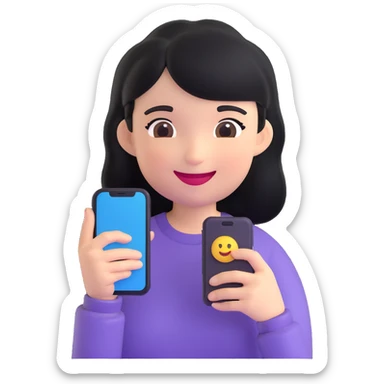 girl holding a smartphone, smiling, emoji style, with black hair sticker