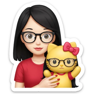 Nails cute with hello kitty wear glasses black long  hair, wear yellow shirt , red nails , big hello kitty sticker