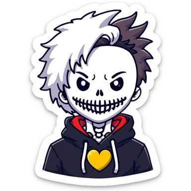 man with white and black messy hair, half face black, red horns with eyes, black hoodie fading to white, red wings, skeleton dragon behind neck, yellow heart lock necklace sticker