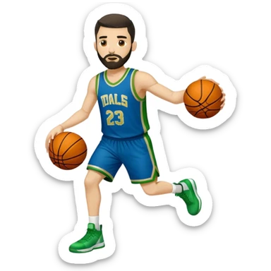 Full Body  white male basketball player with short dark hair and gold tee beard wearing blue and green uniform sticker