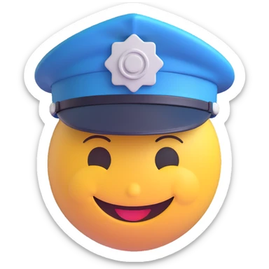 3D smiley emoji, round shape, wearing a police cap, smiling face sticker