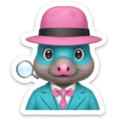 cute light blue turqiouse platypus head with a detective hat and monocle on his eye, no  hands, looks like a platypus but blue, the hat and suit are pink sticker