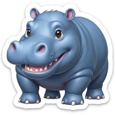 cinematic-hippo-realistic-full-body-side-view-standing-on-all-fours-emoji,-massive-round-frame,-wide-mouthed-grin-exposing-huge-teeth,-head-tilted-dramatically,-thick-greyish blue-hide-glossy, big cute eyes sticker
