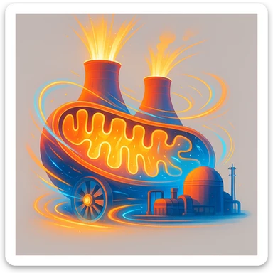 mitochondria-nuclear power plant in DALL·E 3 style, creative and modern atmosphere, energetic details like light flows and turbines, bright colors, no extraneous elements, neutral background sticker