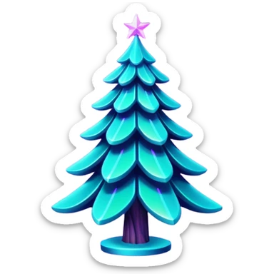 Futuristic glowing Christmas tree emoji with neon decorations, purple and cyan holographic glow, dark background, festive sparkles, no face. sticker