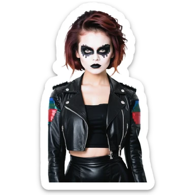 Chucky's bride wearing a black dress and black leather jacket, with dark makeup sticker