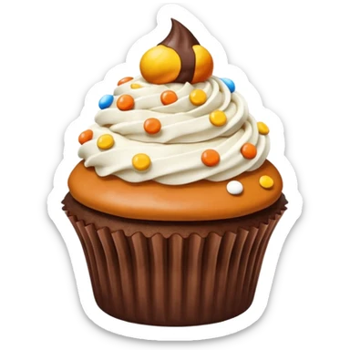 Cupcake that’s been chocolate dipped with Reese’s pieces on top sticker