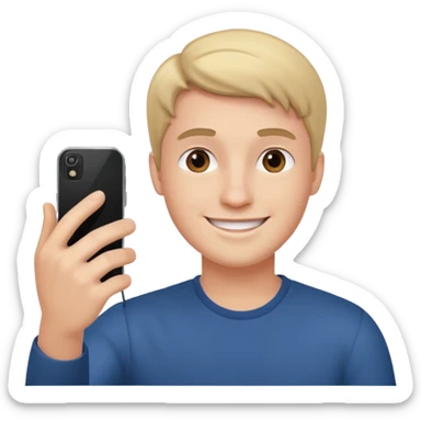 young manwith phone in histhand, happy, selfie style. @emoji sticker