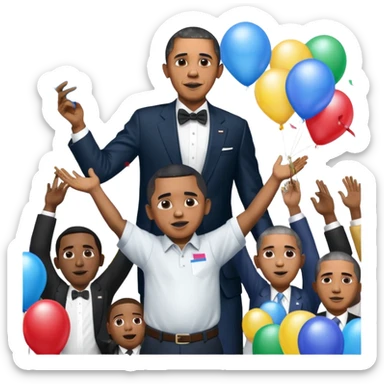Diddy holding baby oil at a party with balloons and confetti and banners oiled up Obama is there as well holding a sign saying Obama have dih sticker