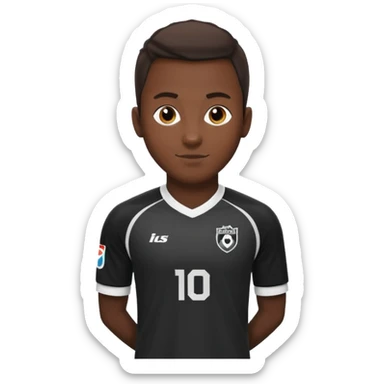 A soccer player wearing a black jersey that has white sleeves and sponsor in white in the middle of the jersey sticker
