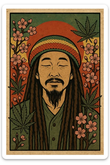 Vintage poster of an Asian Rasta with long dreadlocks, peaceful eyes, and a red-gold-green tam. Surrounded by cherry blossoms and ganja leaves. Background blends Rasta colors into an Asian flag (e.g., red sun from Japan or Chinese star). Retro reggae fusion vibe, with bold lines and aged paper texture.
 sticker