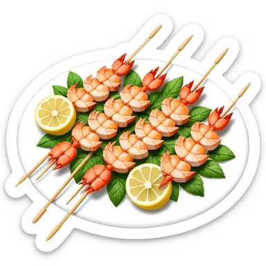 Draw grilled prawns on skewers with herbs & lemon slices. sticker