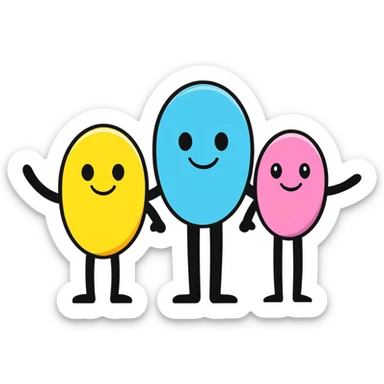 Three smiling characters standing together with complementary personality traits symbolized by different colored auras that blend harmoniously sticker