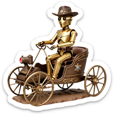 Action in Old American West tarnished C-3PO bounty policeman in 1864 delicately ornate rosegold accents painted buggy powered by electric motors and batteries with safety features and belts flying rapidly across rough dusty terrain stable on strong agile suspension  sticker