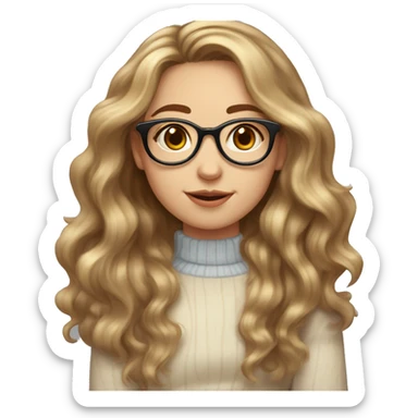 Girl with brown wavy long hair with blonde highlights, pale skin, red cheeks, brown rounded glasses, oval face, round nose and freckles   sticker