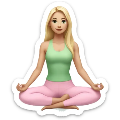 blonde long hair and green eyes yoga girl in light pink clothes sitting on a yoga mat sticker