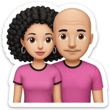 A picture if a couple, the man is a bald Mexican man with a black tee shirt on and the woman is mixed with black and white, with curly hair and a pink shirt on sticker