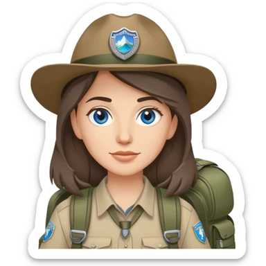 white woman park ranger with gray and brown hair, blue eyes, wearing a backpack sticker