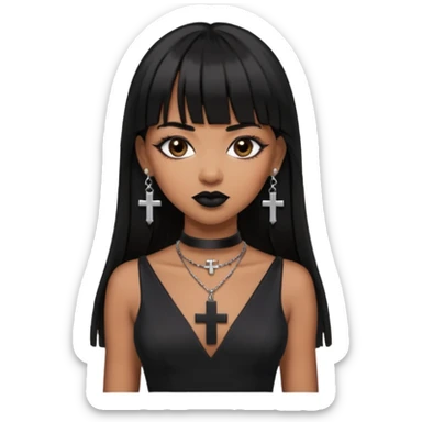 vampira parda com cabelo preto longo e liso e franja, olhos pretos, brincos em formato de cruz, choker em formato de cruz, roupa preta com decote, batom preto e sorrindo de canto sticker