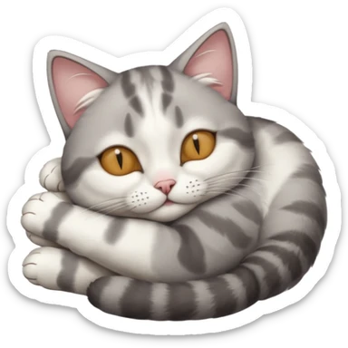 grey and white small cat with eyes closed lying down upside down with its head resting on its paw sticker