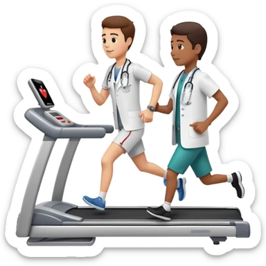 patient running on a treadmill, heart monitor display, and a doctor nearby sticker